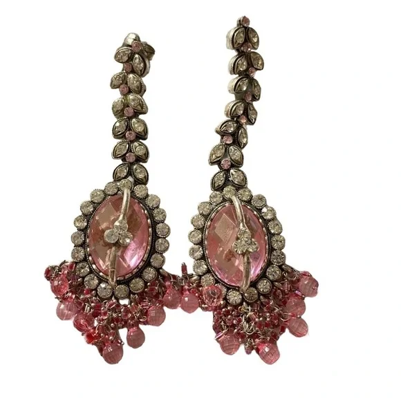 Rhinestone Dressy Earrings Pink Silver Long Black Tie Prom Homecoming Weddings - Picture 2 of 6